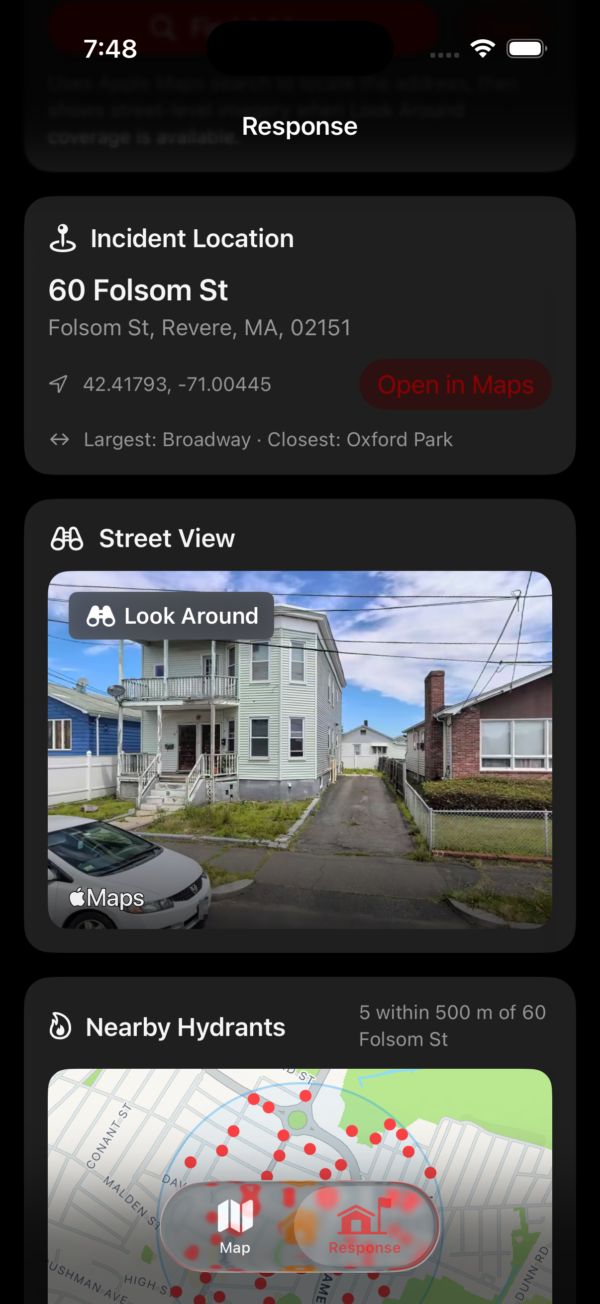 Sample response view with incident location detail